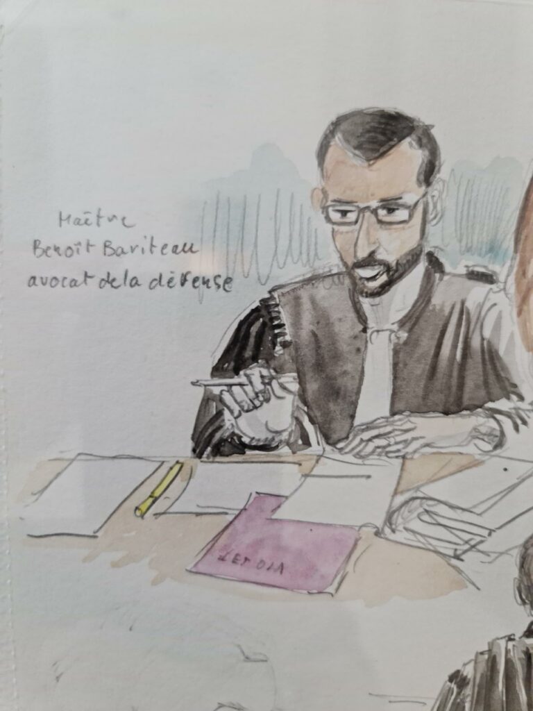 Dessin de l'avocat Maître Benoît BARITEAU, en plein procès